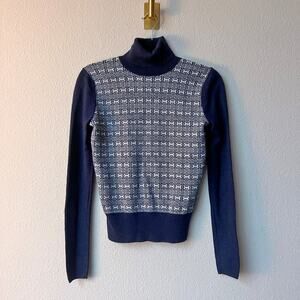 Tory Burch Navy Blue Chain Link Print Wool Turtleneck Sweater Size XS
